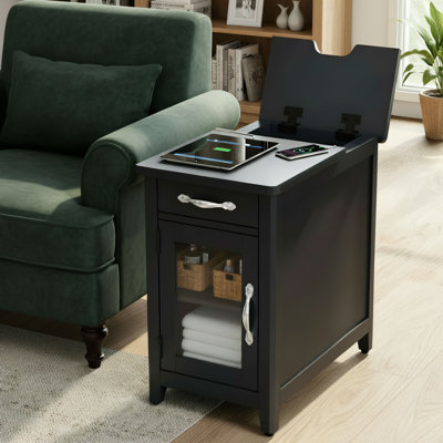 Black Multi-Functional Side Table With Charging Station + Drawer And Detachable Stand.
