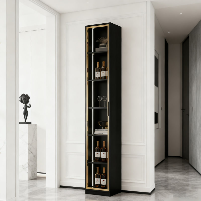 15.75" Modern Light Luxury Black Wine Cabinet, Tempered Glass Door, Golden Aluminum Frame, LED Lighting