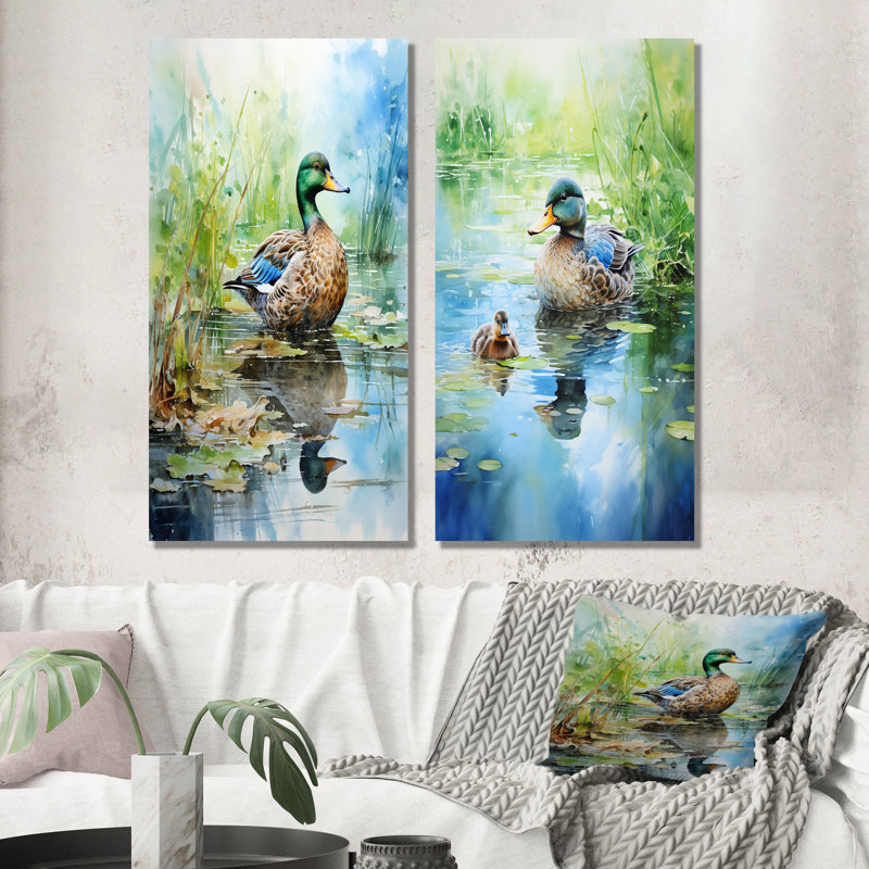 Duck Pond Reflections II - ensemble de 2 reproductions d'art mural canard, Toile tendue, H 32 po x l 33 po