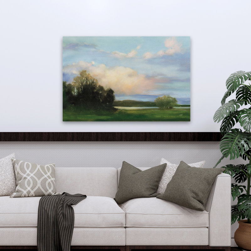 Riverside Reverie, paysage bleu contemporain, champ de nuages, H 48 po x l 32 po
