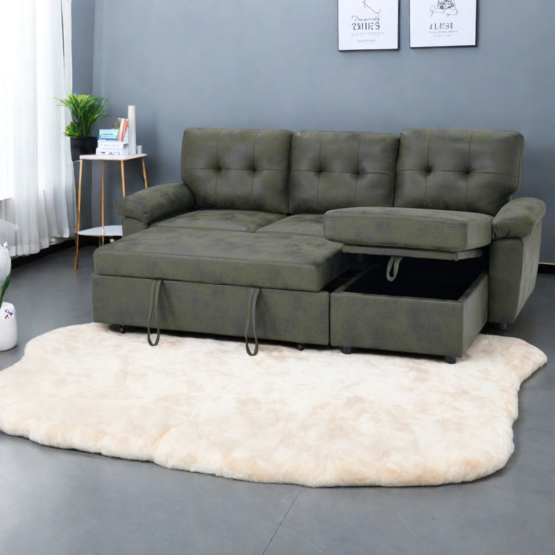 Canapé d'angle moderne avec rangement, canapé-lit en bois de 225 cm pour la maison, Vert