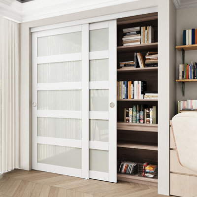 80"  White 5 Lite Tempered Glass Closet Sliding Door With Hardware Kit & Black Handles