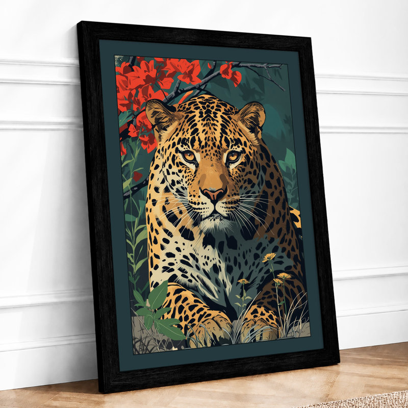 Leopard in Bloom Boho - Framed Print, A2 - 59.4 x 42.0 cm, Black