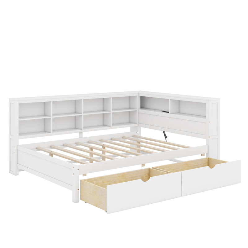Lit de jour double en bois avec deux tiroirs, tablette de rangement et ports de chargement USB inclus