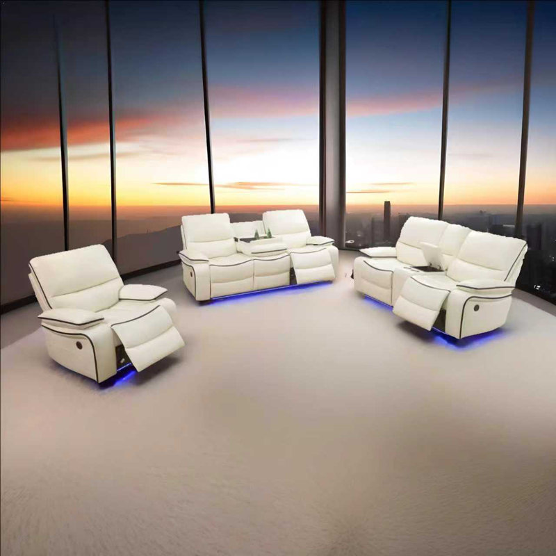 Cream White Leather Living Room Intelligent Recliner 3 Sofa Set