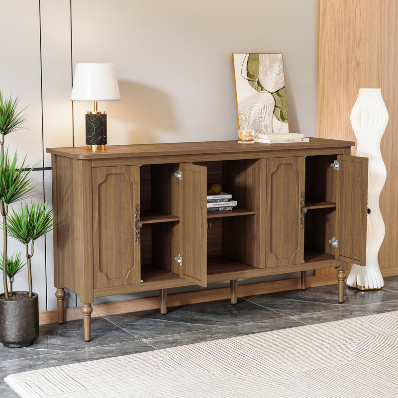 Gurbachan 59-in Vintage four-door cabinet with open shelves, Brown