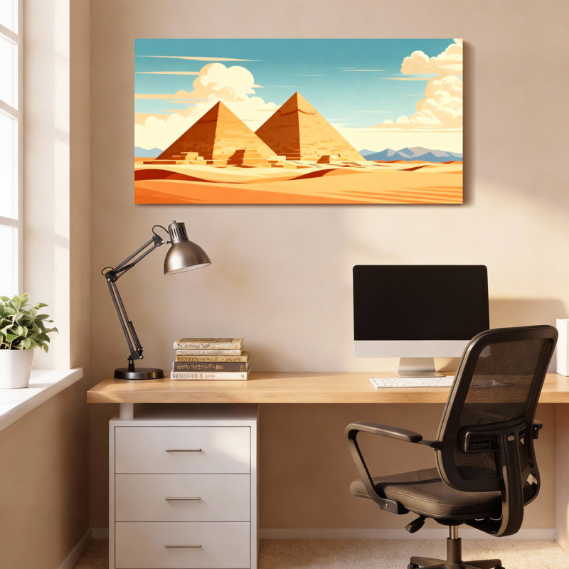 Ensemble de 1 tableau sur toile représentant les pyramides égyptiennes et un paysage désertique, H 28 po x l 58 po