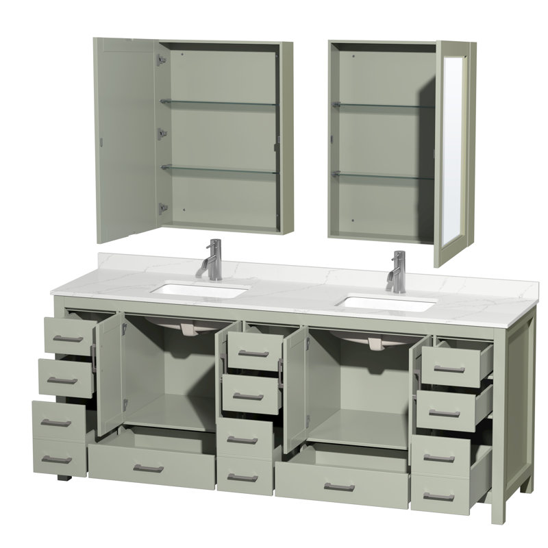 Meuble-lavabo double autoportant avec dessus en quartz et armoires à pharmacie Sheffield, Quartz Giotto