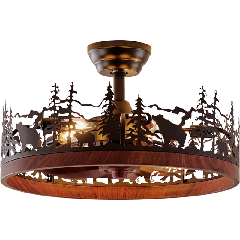 Farmhouse Rustic Ceiling Fan With Light And Remote, 21.7" Flush Mount Enclosed Bladeless Black Chandelier Fan With Forest And Bear, Reversible Fandelier Ceiling Fan For Living Room Bedroom