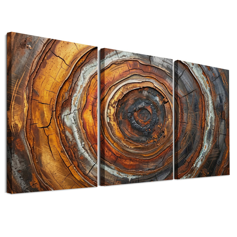 Ensemble de 3 tableaux sur toile représentant des anneaux d'arbres concentriques bruns et gris, 18"H x 12"W x 3pcs