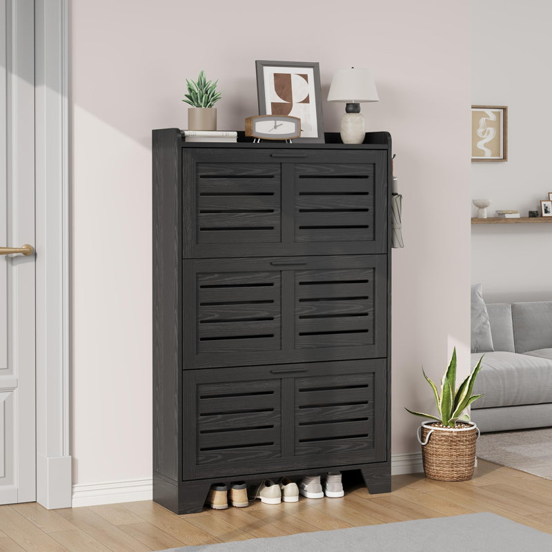 GarveeHome Modern Farmhouse Shoe Storage Cabinet for Entryway – Slim Wooden Organizer with 3 Turn Drawers & Side Hooks – Space-Saving Narrow Shoe Rack for Hallway or Living Room – Black