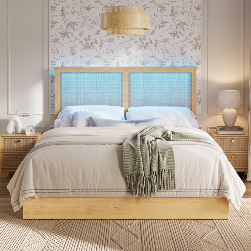 Structure de lit grand en rotin avec 4 tiroirs de rangement, lit en rotin de style bohème avec lumière DEL et tête de lit naturelle, support de lattes en bois robuste, aucun sommier requis, assemblage facile