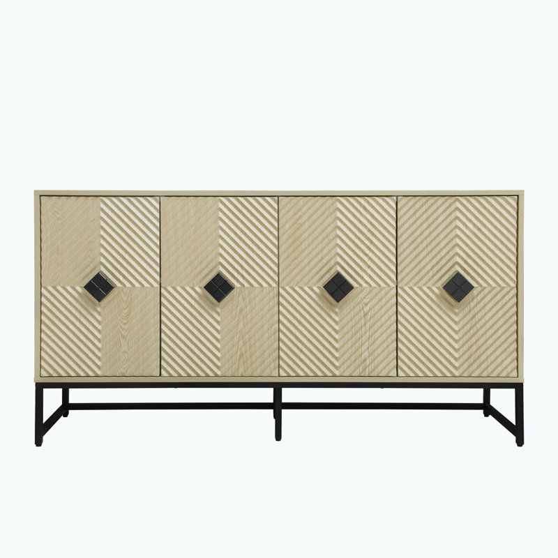 Buffet 59 po avec 4 portes, tablettes réglables, panneaux de porte géométriques décoratifs et poignées en bois à finition noire pour la salle à manger, le salon et le vestibule