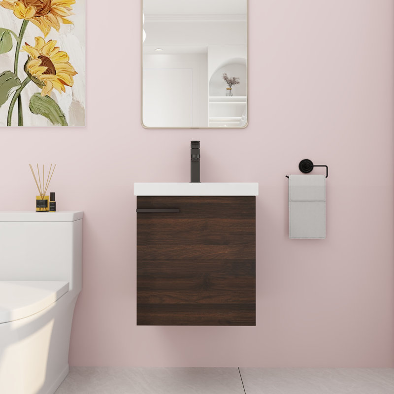 Ensemble de meuble-lavabo mural simple 18,16 po avec plateau en céramique Eftime, Brun