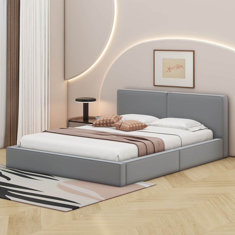Grand lit tapissier au sol en velours, Gris