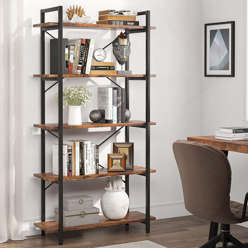 5-Tier Rustic Brown Industrial Metal Bookshelf Unit