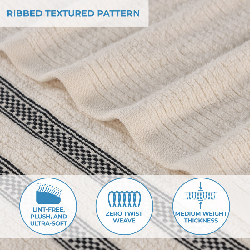 Orley Zero Twist Cotton Ribbed Modern Geometric Border Soft Highly-Absorbent Assorted 9 Piece Bathroom Towel Set, Ivory