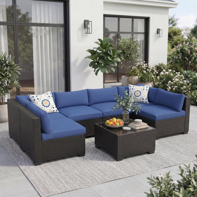 Ensemble modulaire d'extérieur 7 pièces avec coussins lavables épais, osier en rotin et table basse - Structure brune, coussins bleus