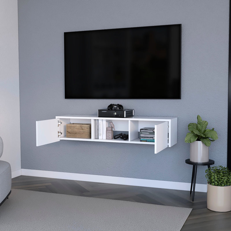 Meuble télé minimaliste blanc flottant avec 2 portes cachées, convenant aux petits espaces, organisant des objets multimédias, pouvant accueillir un meuble télé moderne de 40 à 49 pouces, monté sur des surfaces murales, des gadgets soigneusement