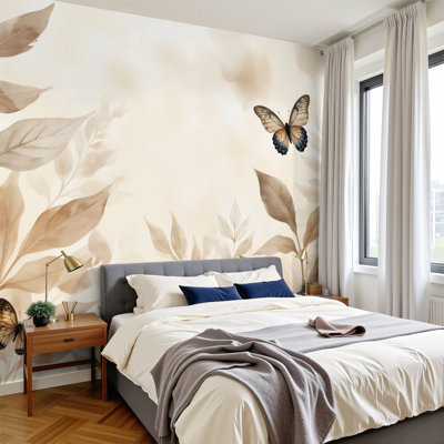 Papier peint rétro avec papillons, feuilles botaniques beiges, aquarelle douce, nature minimaliste, H 100 po x l 144 po, papier peint adhésif pour chambre à coucher, bureau à domicile