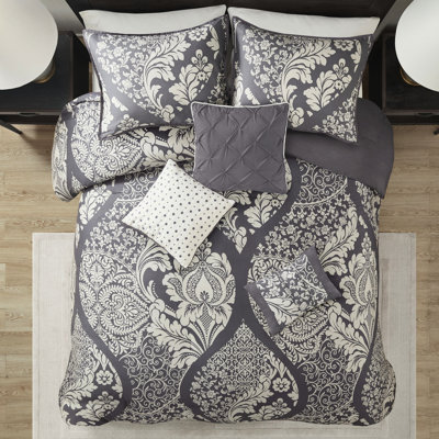 Édredon gris grand, 7 pièces, coton, complexe, coussins décoratifs avec manipulation de tissu, imprimé, revers uni, rembourrage, literie lavable à la machine
