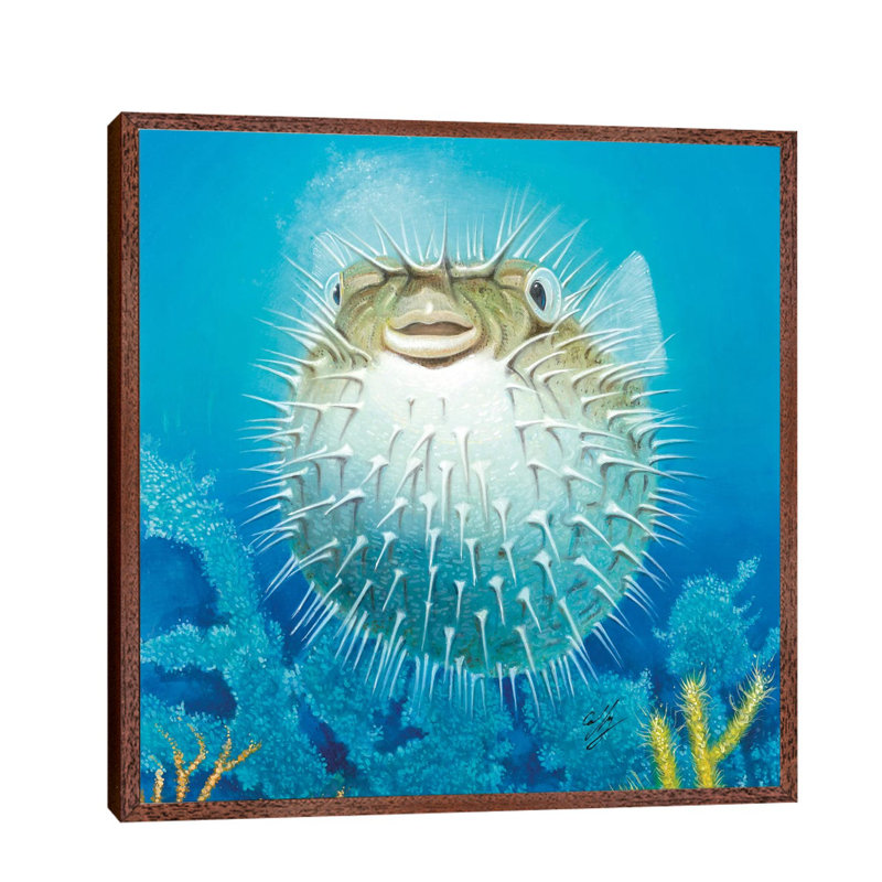 Puffer Fish 1 Piece Painting on Canvas, 45.72 cm H x 45.72 cm W, Brown Framed