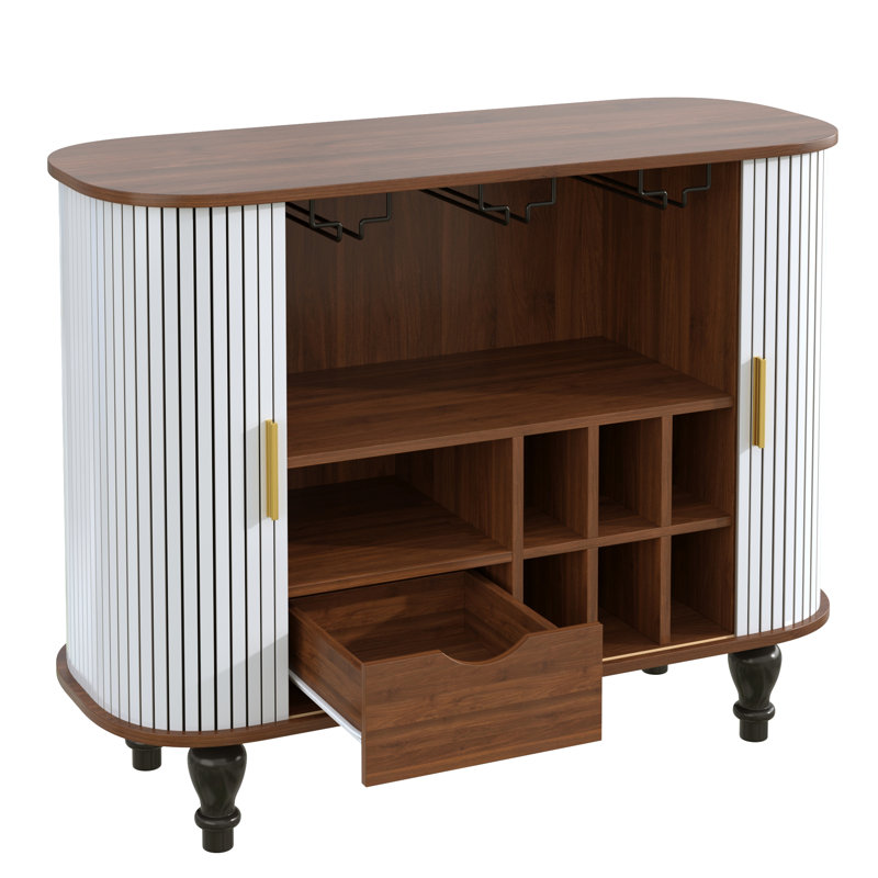 Armoire à boissons cannelée pour boissons alcoolisées et café avec 6 porte-bouteilles et 3 porte-verres, Blanc