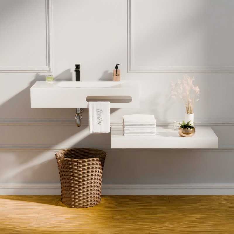 32'' Wall Mounted Resin Bathroom Sink with Adjustable Dual-Layer Design, White