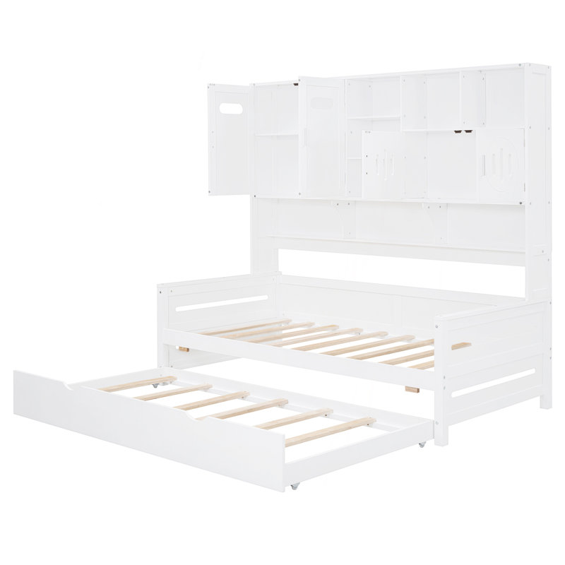 Lit de jour simple en bois avec lit gigogne simple, armoire et tablette tout-en-un, Blanc