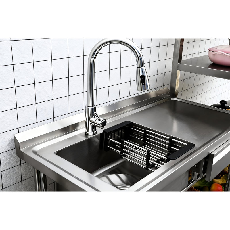 Lavabo autoportant en acier inoxydable 3 avec une apparence contrastée noire et argentée, grand compartiment pour le rangement, robinet lavable sans effort, lavage du nettoyeur sans effort, placement du tuyau de la grille inférieure,