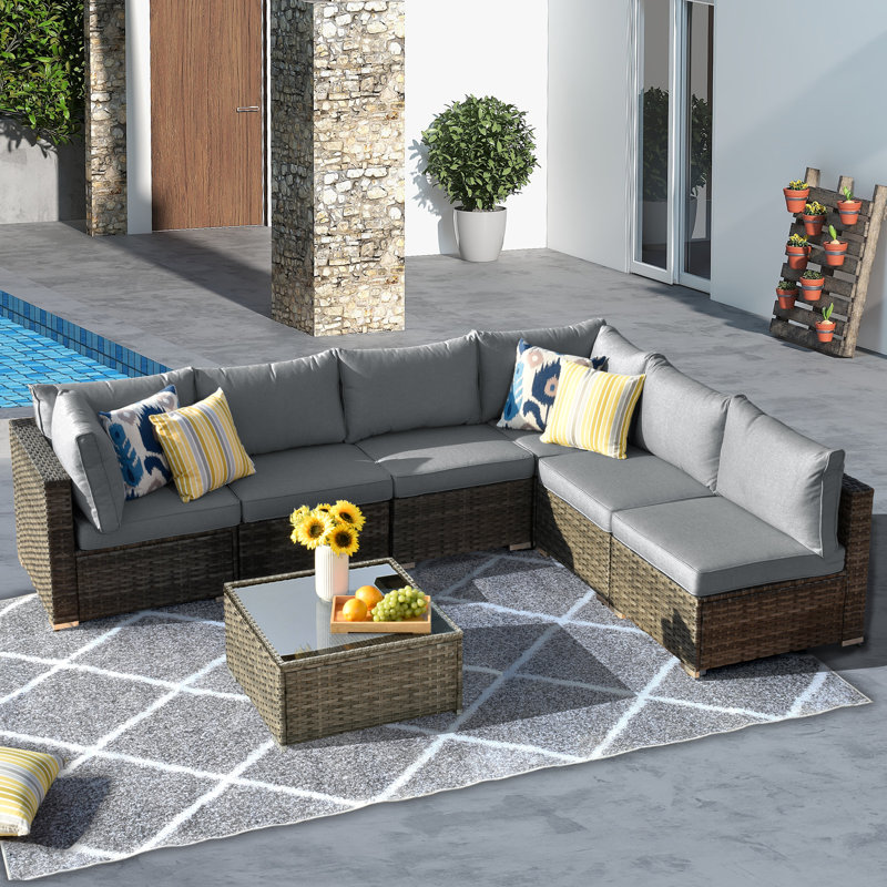 Ensemble 7 pièces avec canapé d'extérieur section et table de bout, Gris foncé