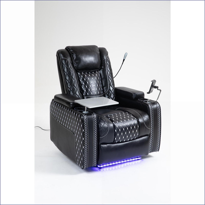 Fauteuils inclinables avec inclinaison zéro gravité, accoudoirs de rangement, porte-gobelets USB, supports pour ordinateur portable / téléphone | Cuir noir