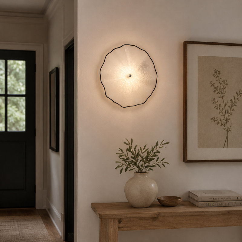 Applique murale en verre ondulé à la main de 12 pouces avec bordure noire et motif floral