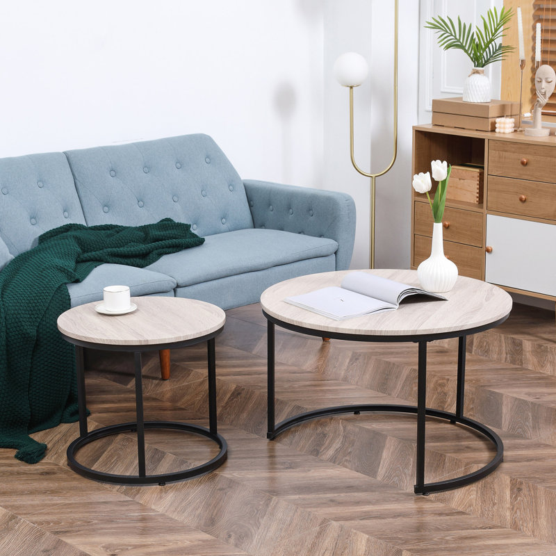 Round Light Brown Wood and Black Metal Nesting Coffee Tables Set