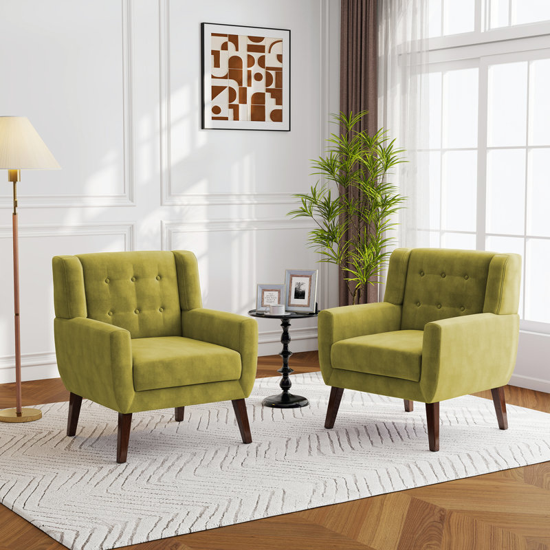 Fauteuil capitonné de 27,5 po de largeur avec pieds en bois massif Stephanny, Mélange de lin pivoines beige / gris / rose