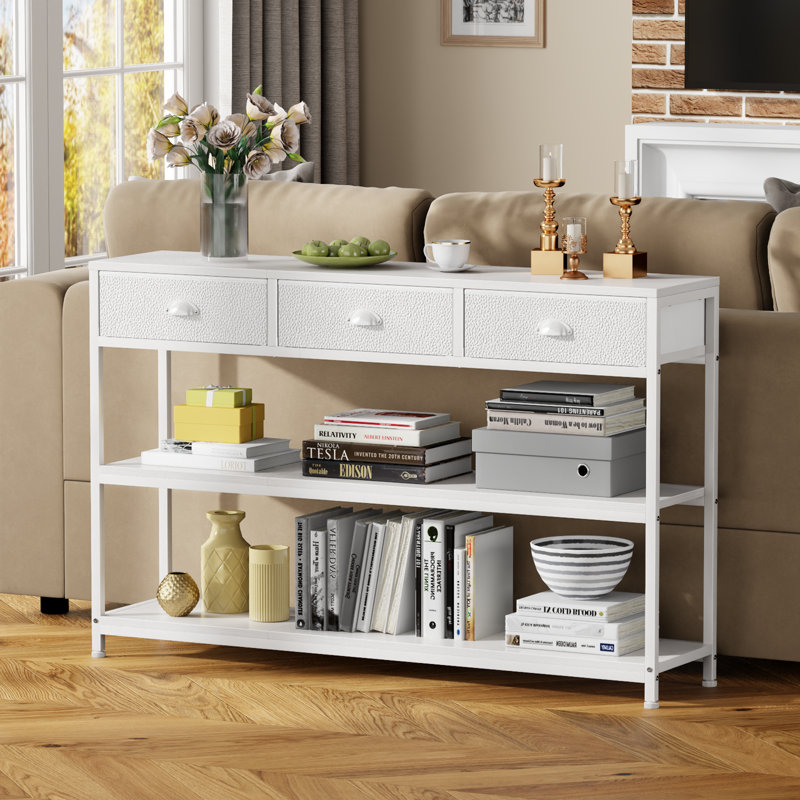 Console Table with 3 Fabric Drawers, Console Table Metal Frame Sofa Table with 2 Shelves for Living Room and Hallway, White