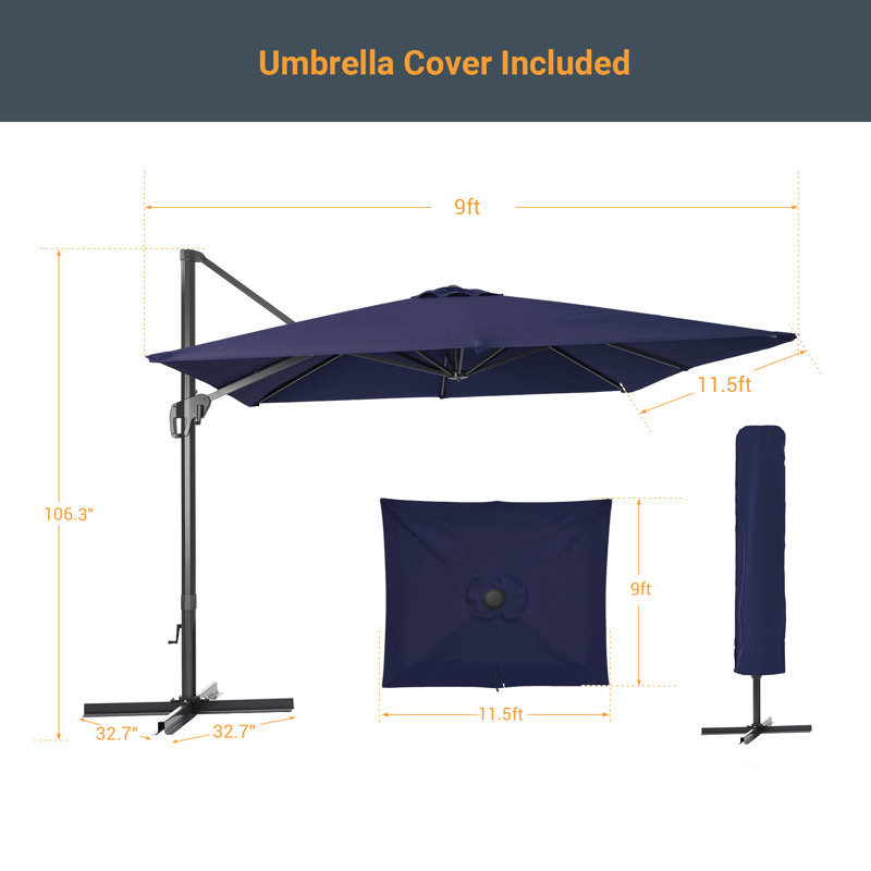 Parasol rectangulaire en porte-à-faux à manivelle 138 po x 108 po Solvita inclus, Bleu marine