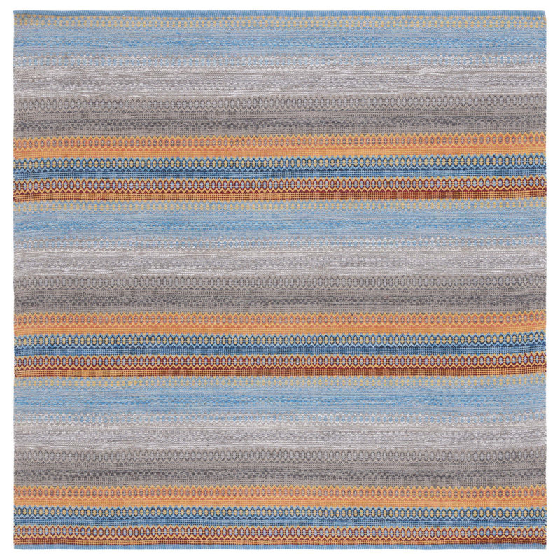 Tapis rayé en coton tissé à plat à la main Gulbranson - gris / bleu / orange, Carré 6 pi