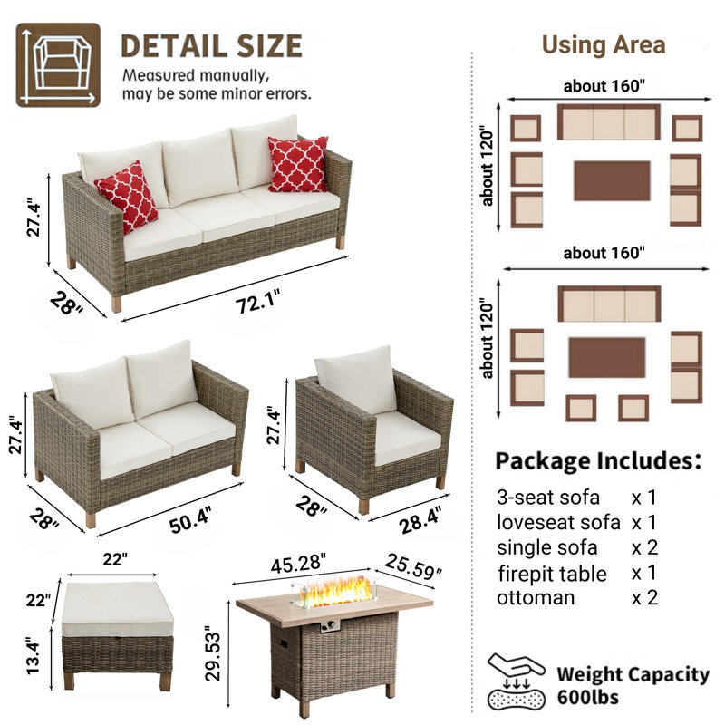 Ensemble de conversation d'extérieur en osier pour 9 personnes avec table foyer, Beige