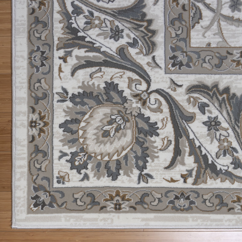 Majestic Griesemer Traditional Floral Border White Gray Polypropylene Indoor Area Rug, Rectangle 5'3" x 7'5"