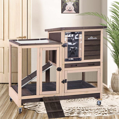 Large Rabbit Hutch with Removable Wire Netting, 2 Deep Trays, 4 Wheels, Sliding Door, and Extra Access Door