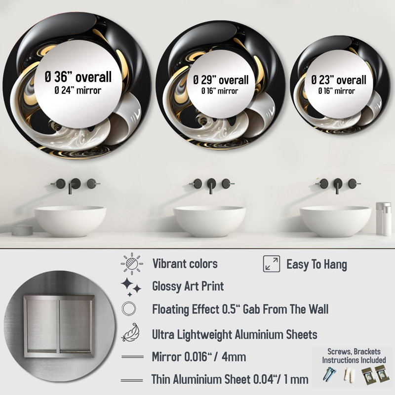 Rachiel liquide blanc vitrail I - grand miroir spirales abstraites, décor de miroir mural rond doré unique, art imprimé en métal