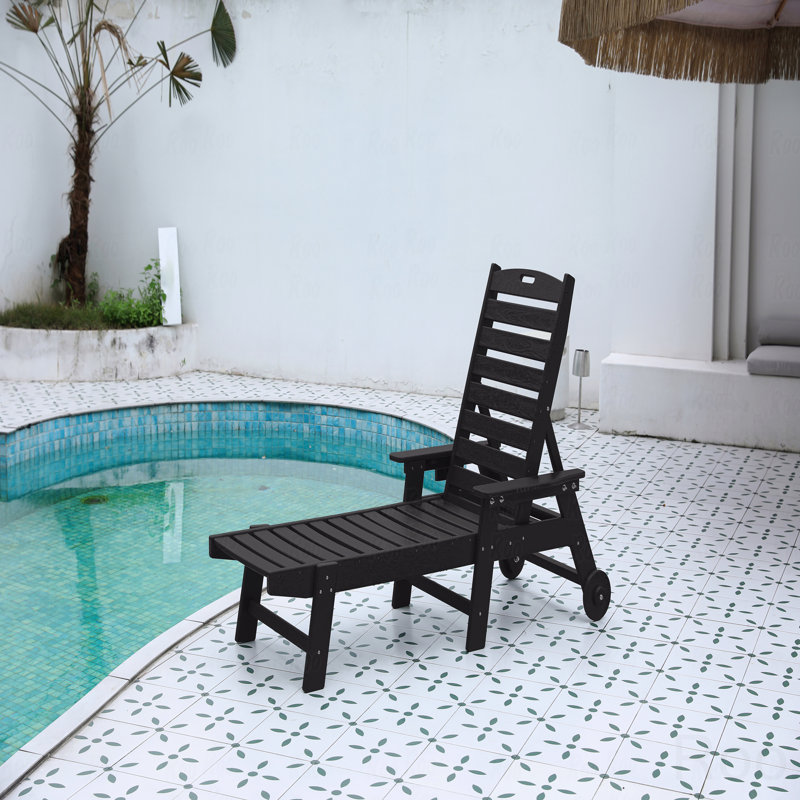 Outdoor Patio Lounge Chair, With Wood Texture, Oversized Chaise Lounge Chair With 5 Positions, HDPE, With Wheels And Cup Holder