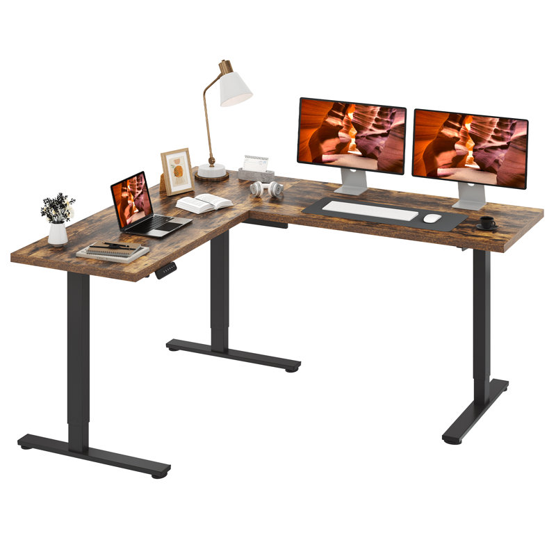 71'' L-Shaped Home Office Height Adjustable Standing Desk, Mahogany/Black, 45.9" H x 71" W x 63" D