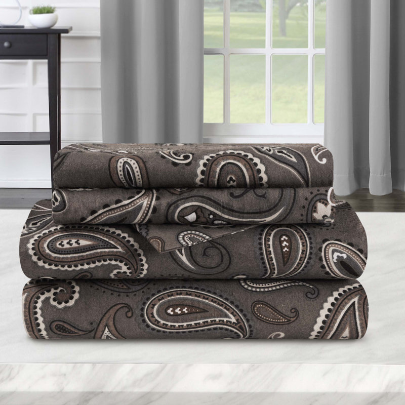 King Size Charcoal Paisley Cotton Flannel Pillowcase Set