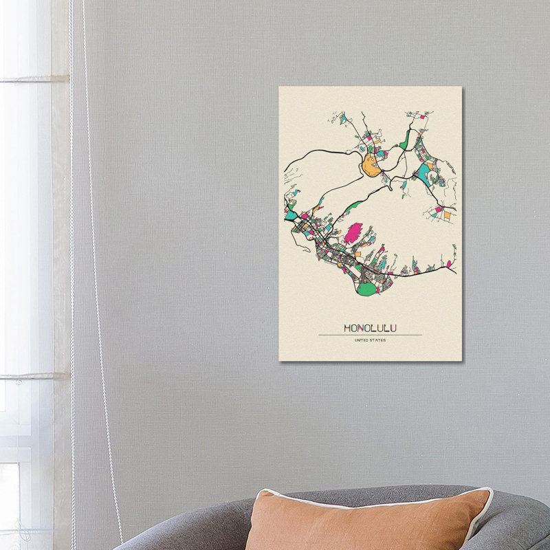 Honolulu, Hawaii Map by Ayse Deniz Akerman - Wrapped Canvas Gallery-Wrapped Canvas Giclée