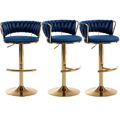 Swivel Bar Stools Set of 3, Counter Height Bar Stools with Low Back, Velvet Adjustable Height Barstools, Gold Bar Stools for Kitchen Island, Pub (Blue)