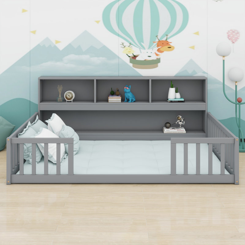 Floor Bed with Convenient Shelves and Protective Guardrails, Grey