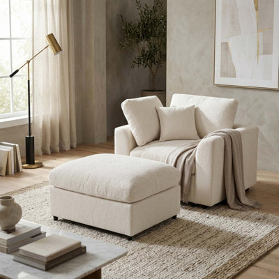 Fauteuil d'appoint moderne en chenille avec repose-pieds et coussin décoratif