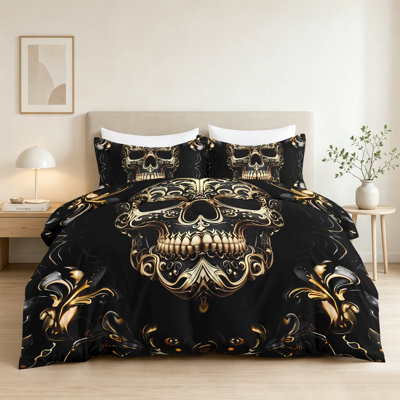 Ensemble de housse de couette style gothique pour grand lit, ensemble de literie 3 pièces pour décoration de chambre à coucher Housse d'édredon rétro en squelette doré avec 1 taie d'oreiller